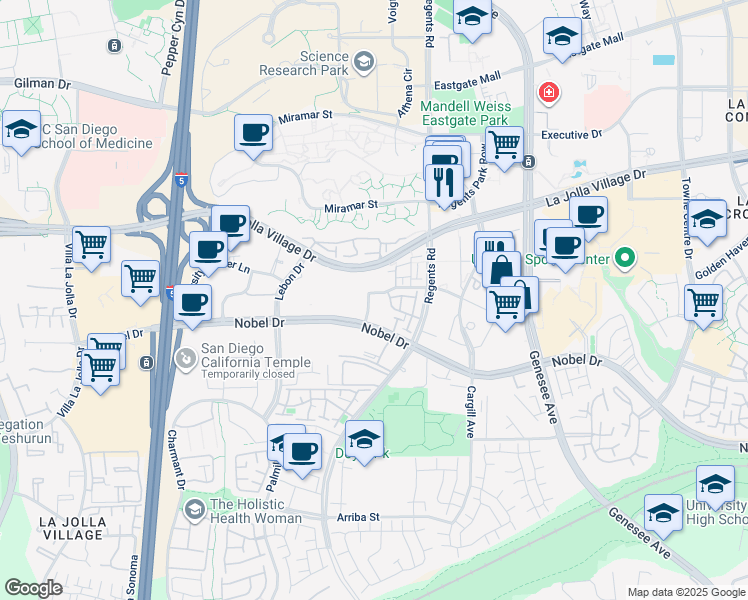 map of restaurants, bars, coffee shops, grocery stores, and more near 3950 Mahaila Avenue in San Diego