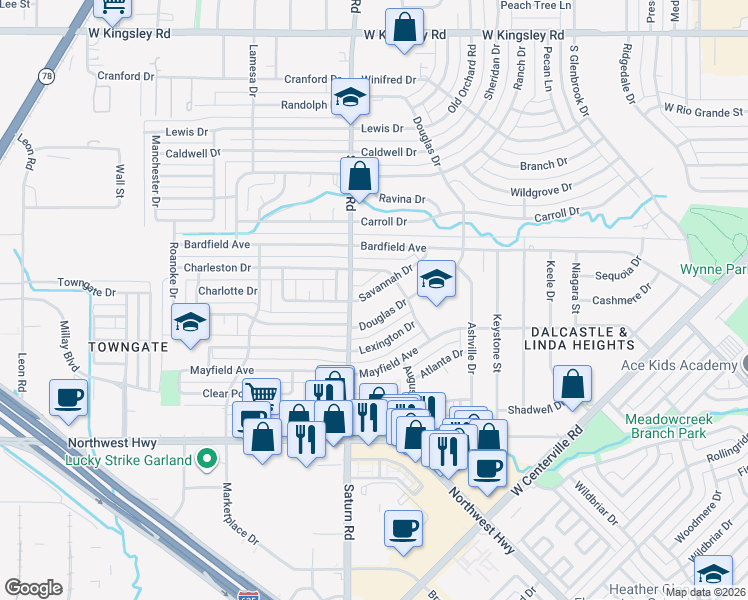 map of restaurants, bars, coffee shops, grocery stores, and more near 3904 Savannah Drive in Garland
