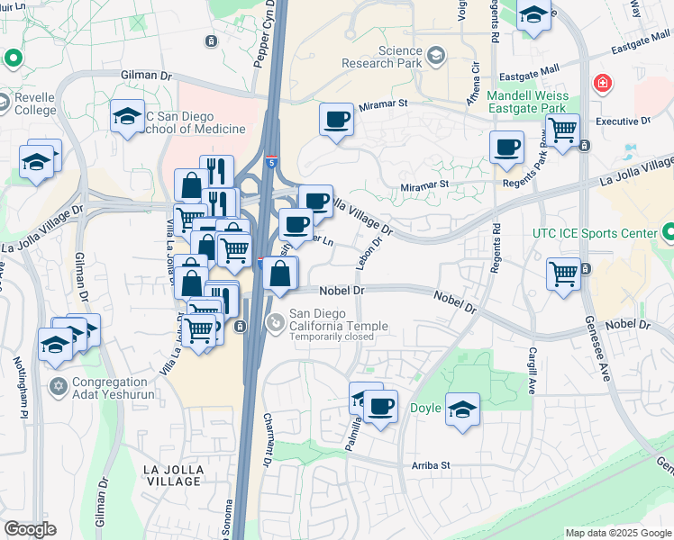 map of restaurants, bars, coffee shops, grocery stores, and more near 8889 Caminito Plaza Centro in San Diego