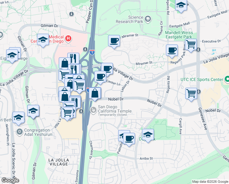 map of restaurants, bars, coffee shops, grocery stores, and more near 8889 Caminito Plaza Centro in San Diego