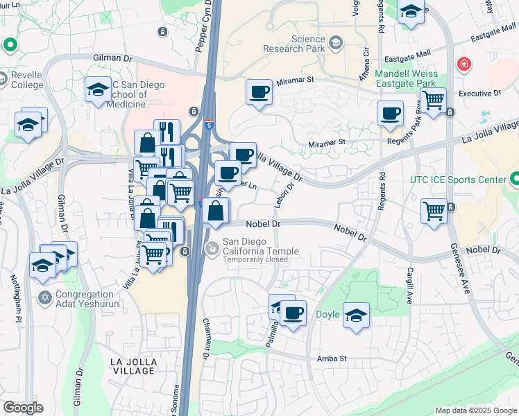 map of restaurants, bars, coffee shops, grocery stores, and more near 3520 Lebon Drive in San Diego