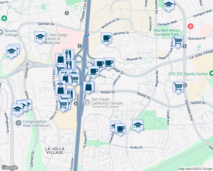 map of restaurants, bars, coffee shops, grocery stores, and more near 3550 Lebon Drive in San Diego