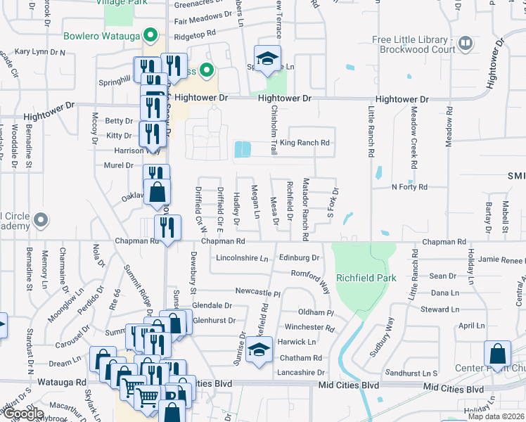 map of restaurants, bars, coffee shops, grocery stores, and more near 6732 Megan Lane in Fort Worth