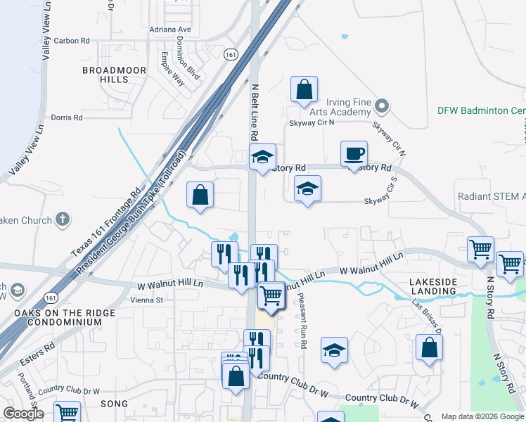 map of restaurants, bars, coffee shops, grocery stores, and more near 4200 North Belt Line Road in Irving