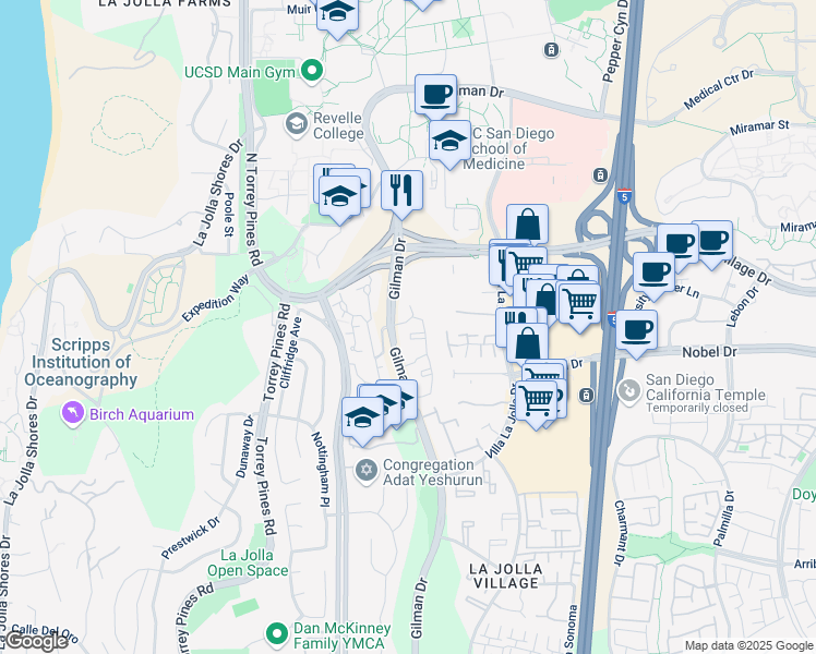 map of restaurants, bars, coffee shops, grocery stores, and more near 8901 Gilman Drive in San Diego