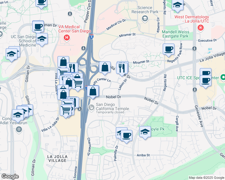 map of restaurants, bars, coffee shops, grocery stores, and more near 3520 Lebon Drive in San Diego