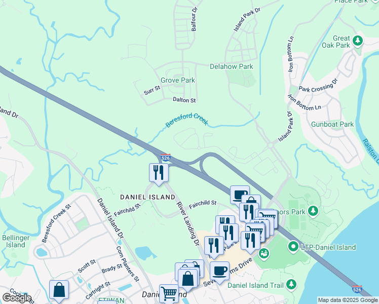 map of restaurants, bars, coffee shops, grocery stores, and more near 580 Robert Daniel Drive in Charleston
