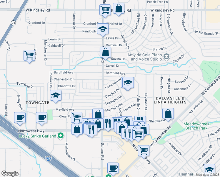 map of restaurants, bars, coffee shops, grocery stores, and more near 3904 Savannah Drive in Garland