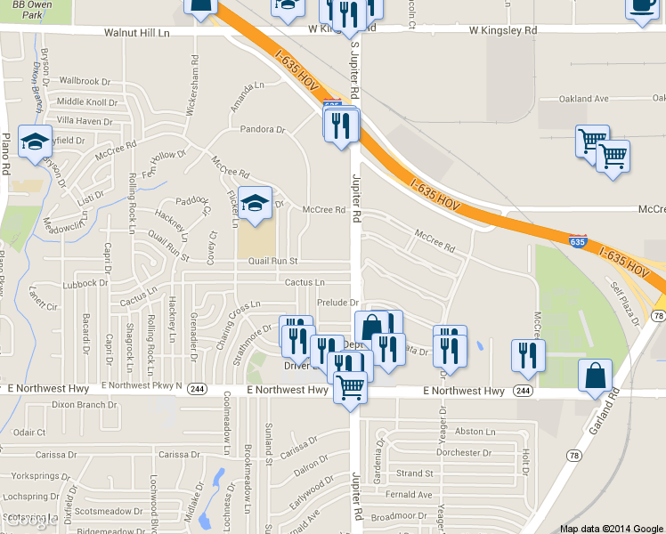 map of restaurants, bars, coffee shops, grocery stores, and more near 11359 Quail Run Street in Dallas