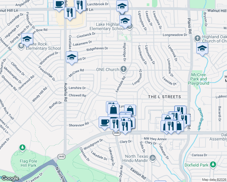 map of restaurants, bars, coffee shops, grocery stores, and more near 10123 Linkwood Drive in Dallas