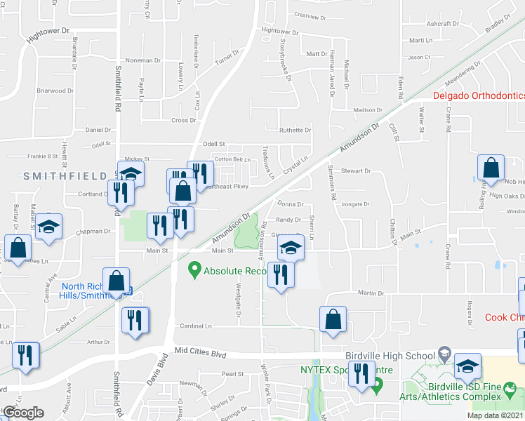 map of restaurants, bars, coffee shops, grocery stores, and more near 6535 Amundson Road in North Richland Hills