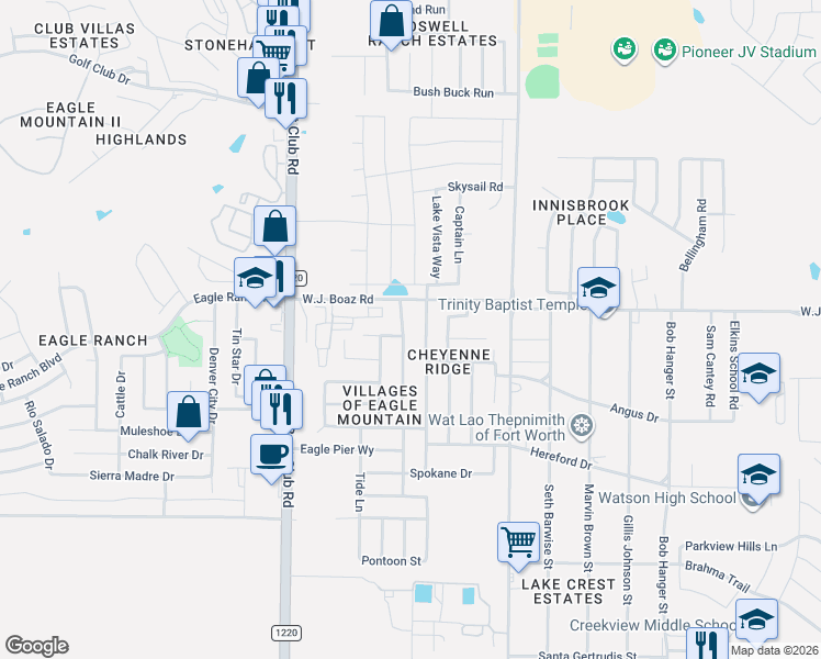 map of restaurants, bars, coffee shops, grocery stores, and more near 7313 Wavecrest Way in Fort Worth