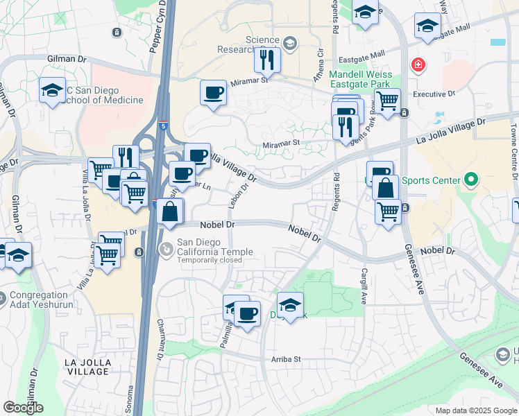 map of restaurants, bars, coffee shops, grocery stores, and more near 3880 Nobel Drive in San Diego