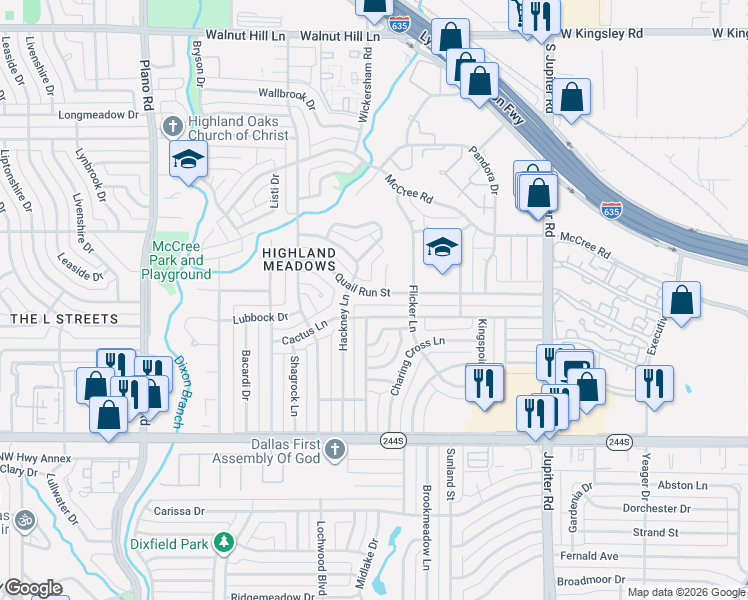 map of restaurants, bars, coffee shops, grocery stores, and more near 8912 Covey Court in Dallas