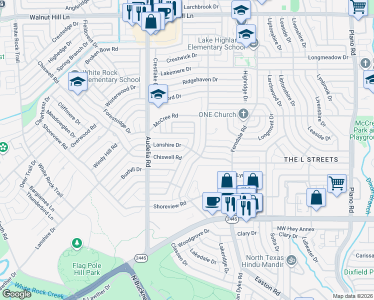 map of restaurants, bars, coffee shops, grocery stores, and more near 8904 Fenchurch Road in Dallas