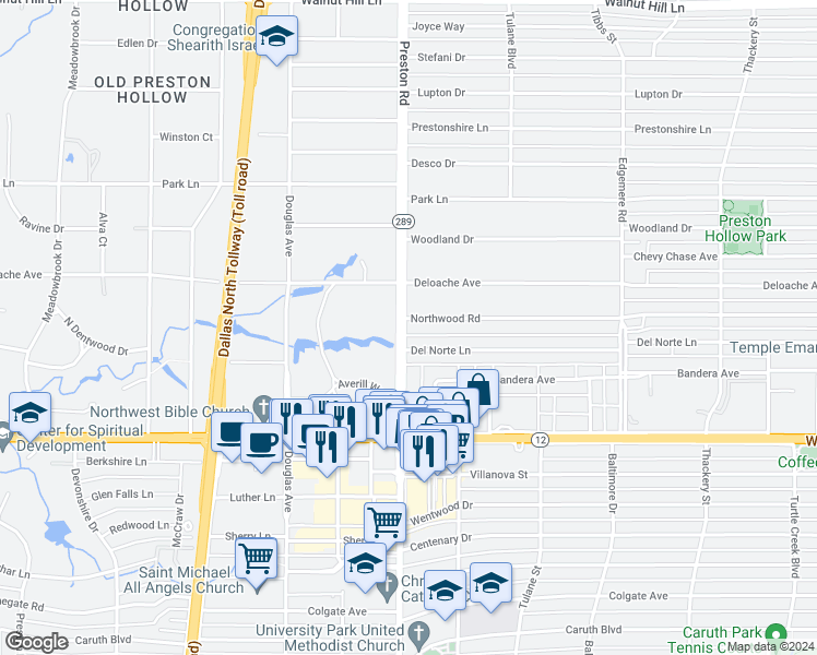 map of restaurants, bars, coffee shops, grocery stores, and more near 6004 Northwood Road in Dallas