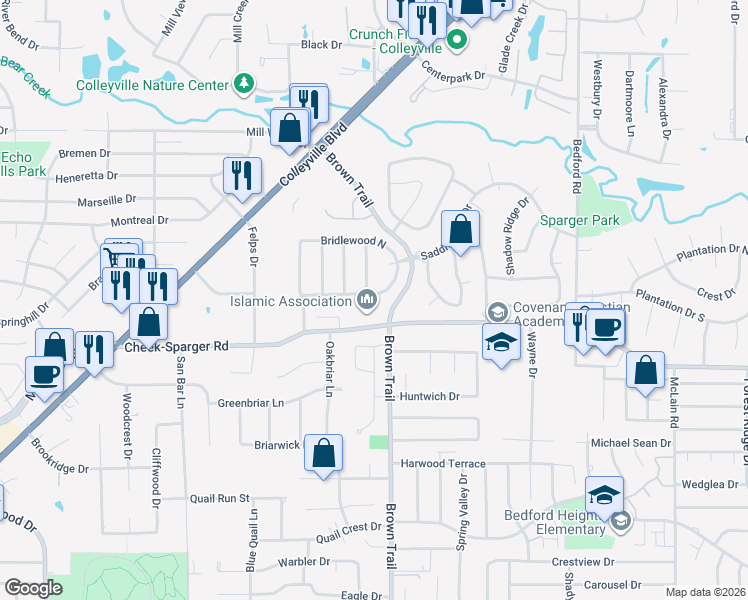 map of restaurants, bars, coffee shops, grocery stores, and more near 4098 Coachman Lane in Colleyville
