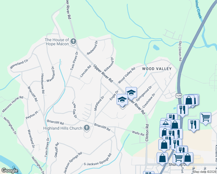 map of restaurants, bars, coffee shops, grocery stores, and more near 1715 Foster Place in Macon