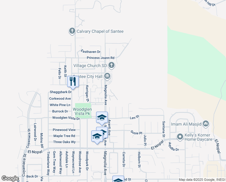 map of restaurants, bars, coffee shops, grocery stores, and more near 10525 Flora Verda Court in Santee