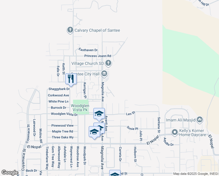 map of restaurants, bars, coffee shops, grocery stores, and more near 10525 Flora Verda Court in Santee