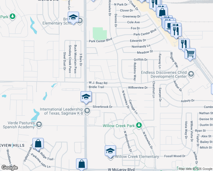 map of restaurants, bars, coffee shops, grocery stores, and more near 712 Bridle Trail in Saginaw