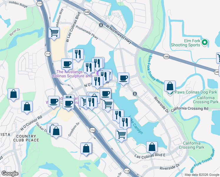 map of restaurants, bars, coffee shops, grocery stores, and more near 5240 North O'Connor Boulevard in Irving