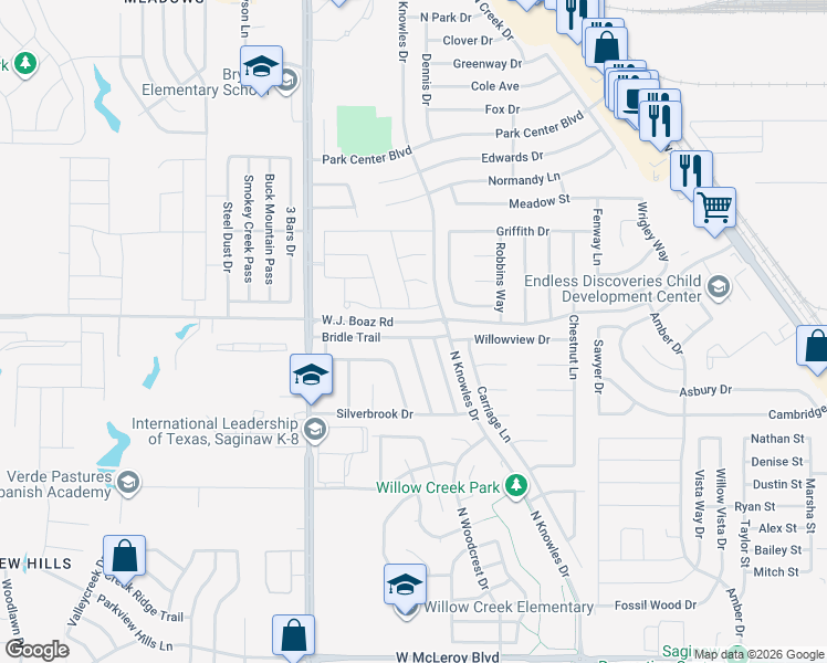 map of restaurants, bars, coffee shops, grocery stores, and more near 624 Bridle Trail in Saginaw