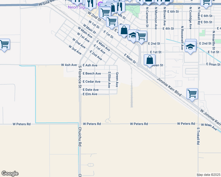 map of restaurants, bars, coffee shops, grocery stores, and more near 305 South Elliot Avenue in Casa Grande