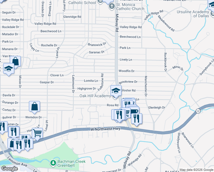 map of restaurants, bars, coffee shops, grocery stores, and more near 9505 Edith Lane in Dallas