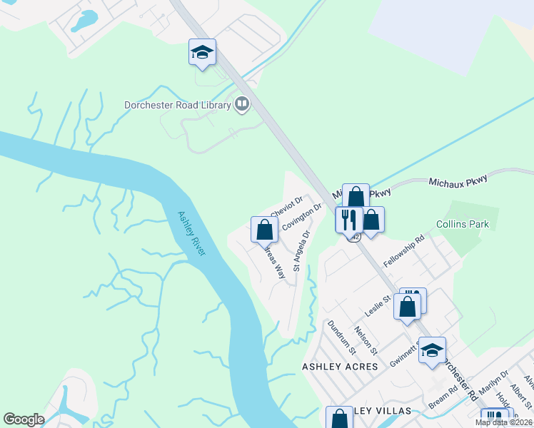 map of restaurants, bars, coffee shops, grocery stores, and more near 4344 Cheviot Drive in North Charleston