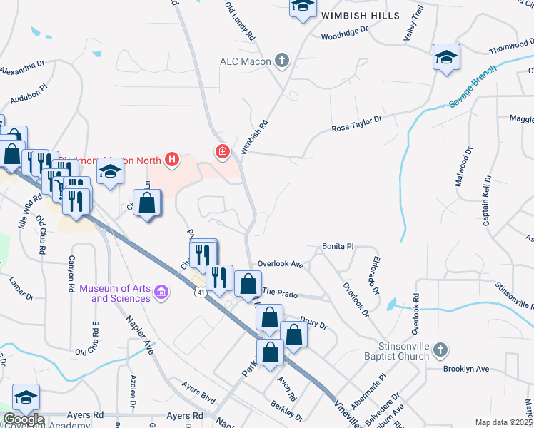 map of restaurants, bars, coffee shops, grocery stores, and more near 461 Forest Hill Road in Macon