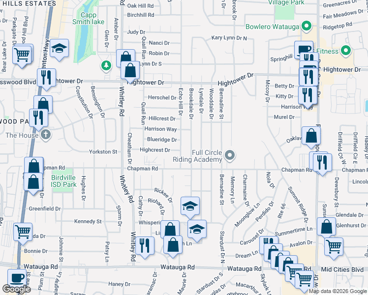 map of restaurants, bars, coffee shops, grocery stores, and more near 6804 Echo Hill Drive in Watauga