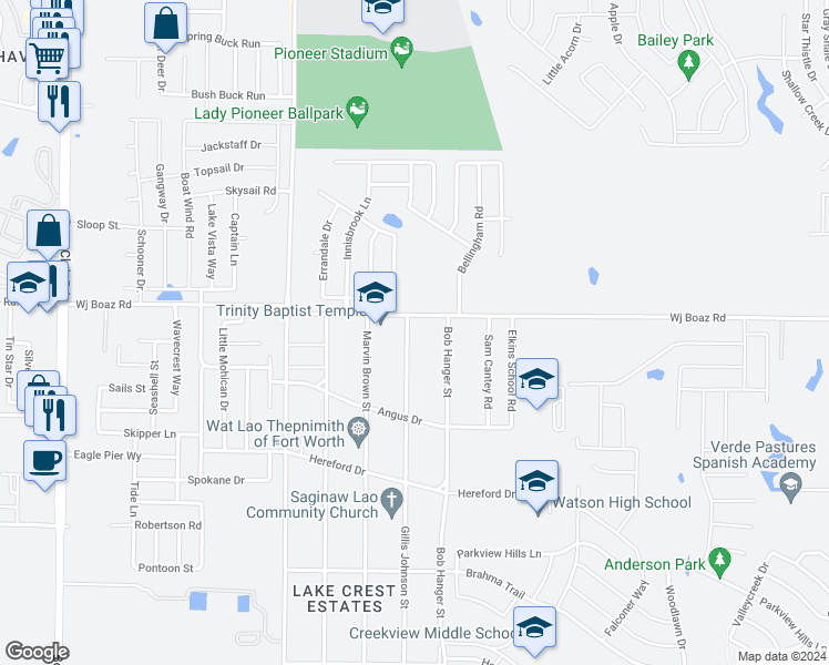 map of restaurants, bars, coffee shops, grocery stores, and more near 7328 Gillis Johnson Street in Fort Worth