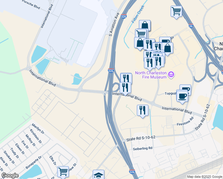map of restaurants, bars, coffee shops, grocery stores, and more near Mark Clark Expressway in North Charleston