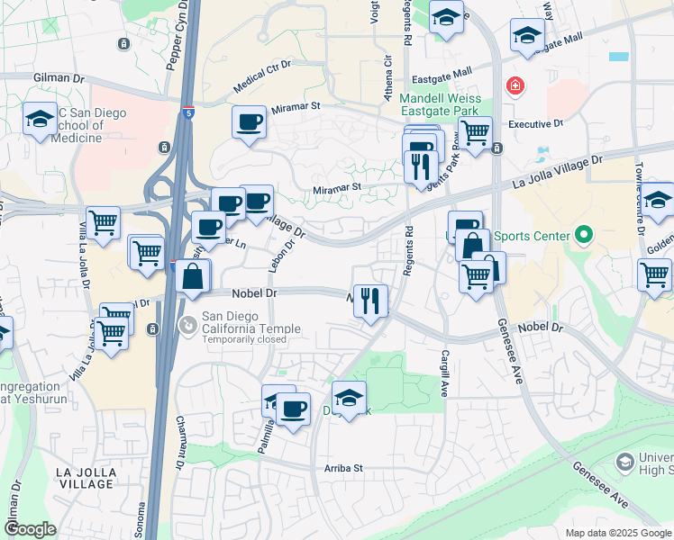 map of restaurants, bars, coffee shops, grocery stores, and more near 3950 Mahaila Avenue in San Diego