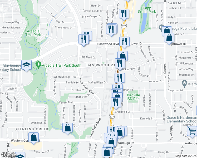 map of restaurants, bars, coffee shops, grocery stores, and more near 5566 Rocky Mountain Road in Fort Worth
