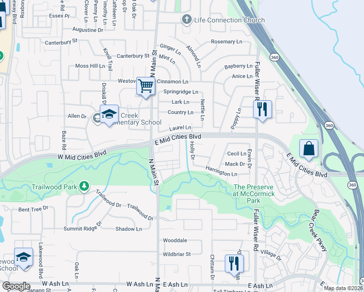 map of restaurants, bars, coffee shops, grocery stores, and more near 2309 Holly Drive in Euless