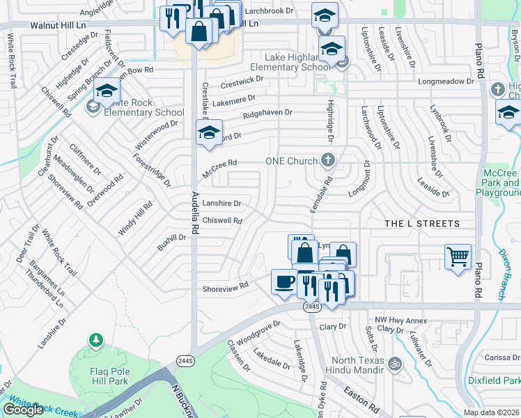 map of restaurants, bars, coffee shops, grocery stores, and more near 8904 Fenchurch Road in Dallas