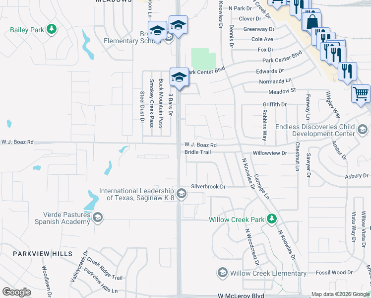 map of restaurants, bars, coffee shops, grocery stores, and more near 816 Bridle Trail in Fort Worth