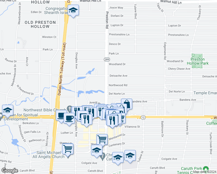 map of restaurants, bars, coffee shops, grocery stores, and more near 6004 Northwood Road in Dallas