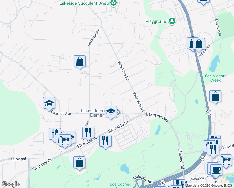 map of restaurants, bars, coffee shops, grocery stores, and more near 10546 Valle Vista Road in Lakeside