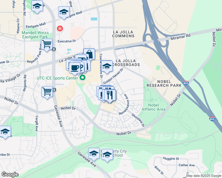 map of restaurants, bars, coffee shops, grocery stores, and more near 5512 Renaissance Avenue in San Diego