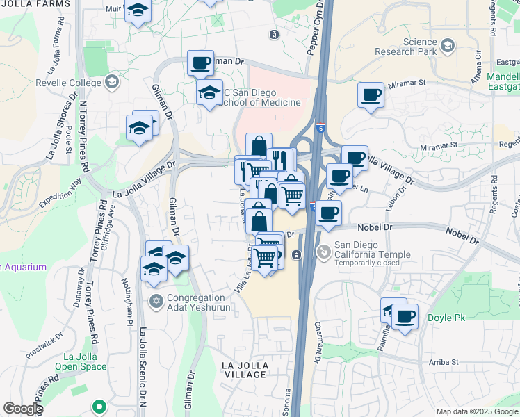 map of restaurants, bars, coffee shops, grocery stores, and more near 8861 Villa La Jolla Drive in San Diego