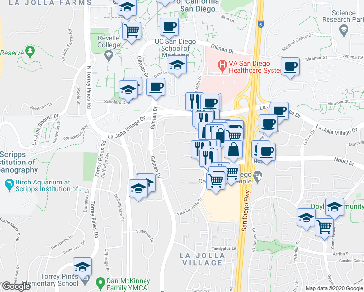 map of restaurants, bars, coffee shops, grocery stores, and more near 8840 Villa La Jolla Drive in San Diego