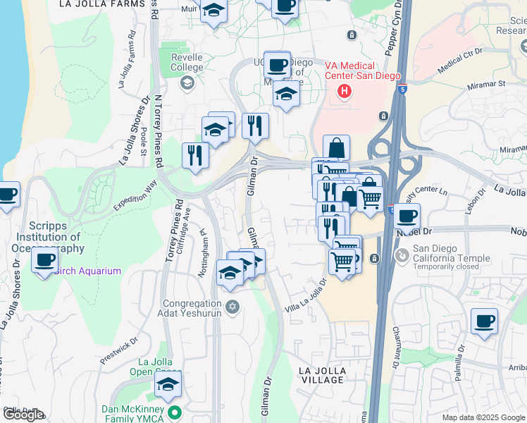 map of restaurants, bars, coffee shops, grocery stores, and more near 8901 Gilman Drive in San Diego