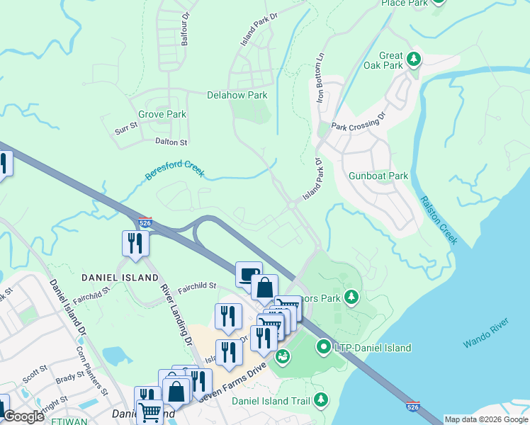 map of restaurants, bars, coffee shops, grocery stores, and more near 514 Robert Daniel Drive in Charleston