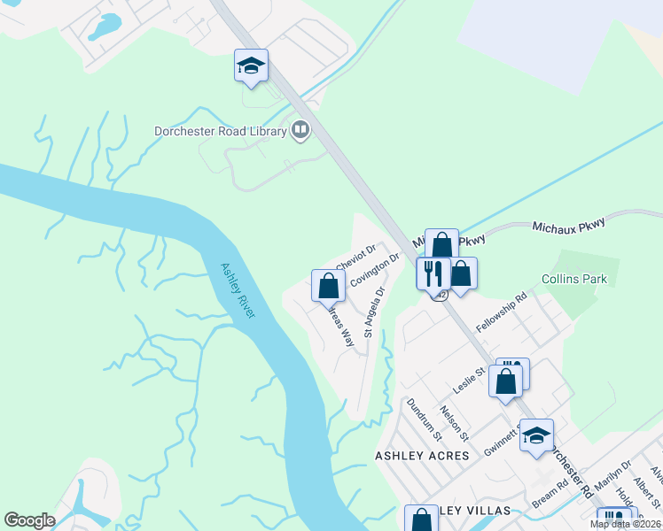 map of restaurants, bars, coffee shops, grocery stores, and more near 4344 Cheviot Drive in North Charleston