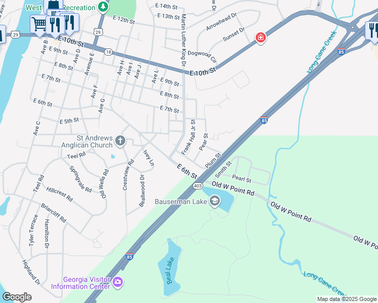 map of restaurants, bars, coffee shops, grocery stores, and more near 615 Pear Street in West Point