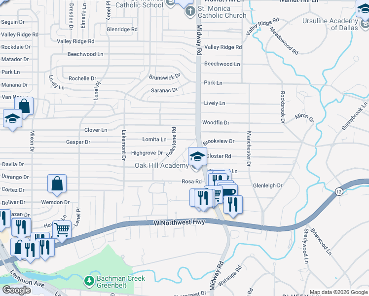 map of restaurants, bars, coffee shops, grocery stores, and more near 9505 Edith Lane in Dallas