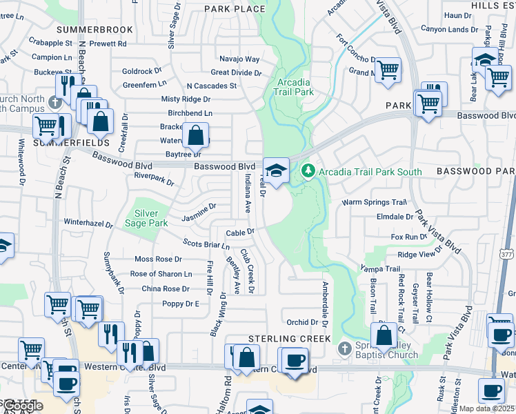 map of restaurants, bars, coffee shops, grocery stores, and more near 7000 Teal Drive in Fort Worth